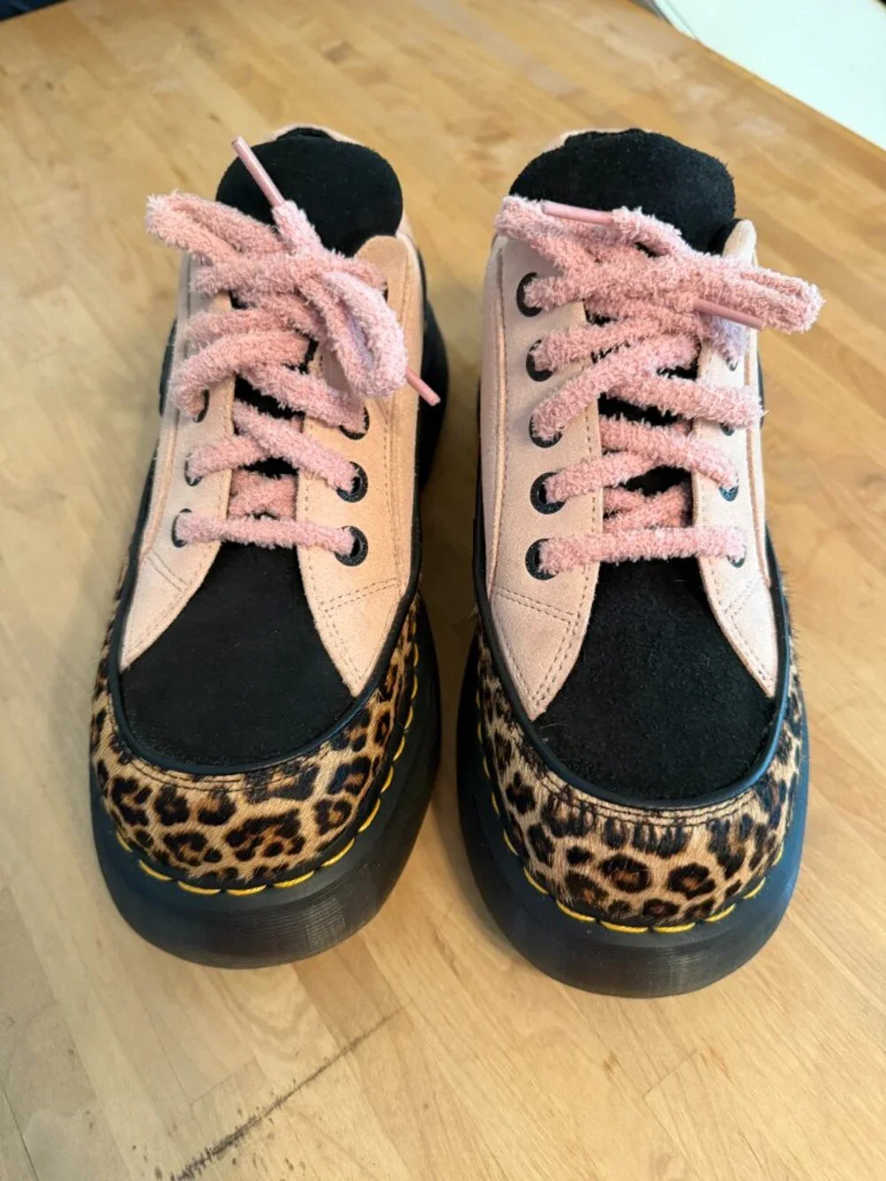 Dr. Marten s Buzz 5-Eye Pink Suede and Leopard Hair Platform Shoe - RARE